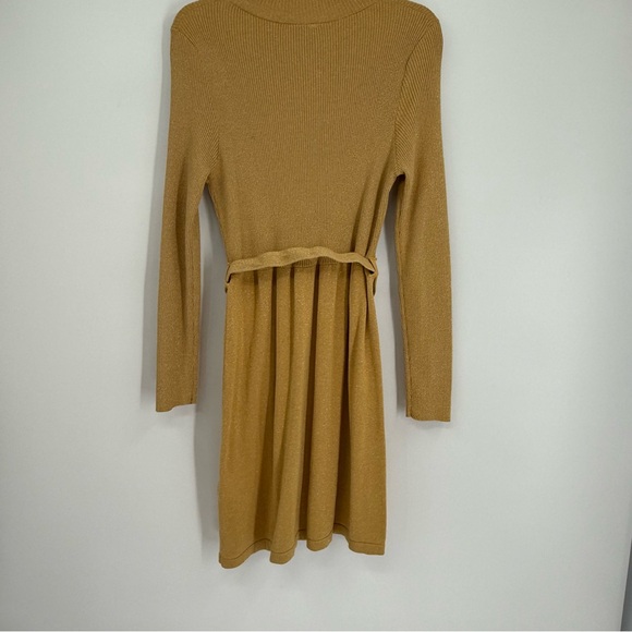 Free People French Girl Sweater Dress Size L Gold Shimmer Mock Neck Belted - Picture 10 of 13